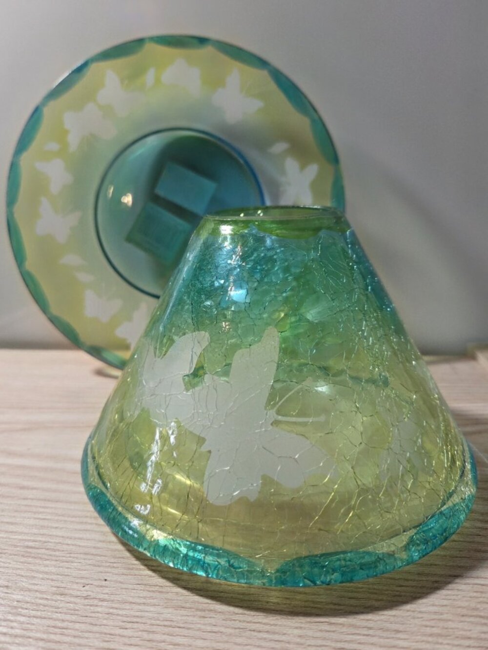 Yankee Candle Crackle Glass Blue & Yellow Butterfly Candle Shade & Plate